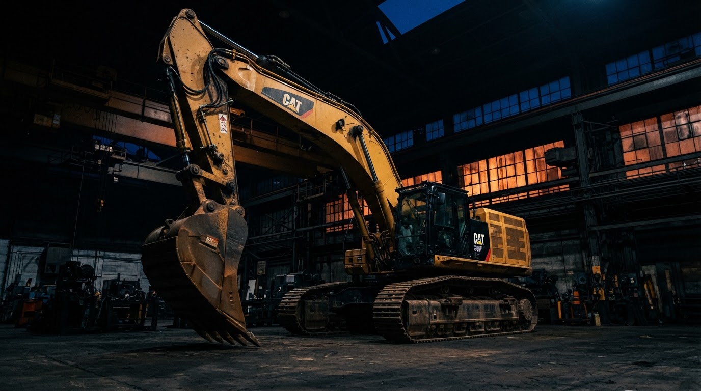 Flagship crawler excavator in a dark industrial hangar, low-angle hero perspective, chiaroscuro lighting