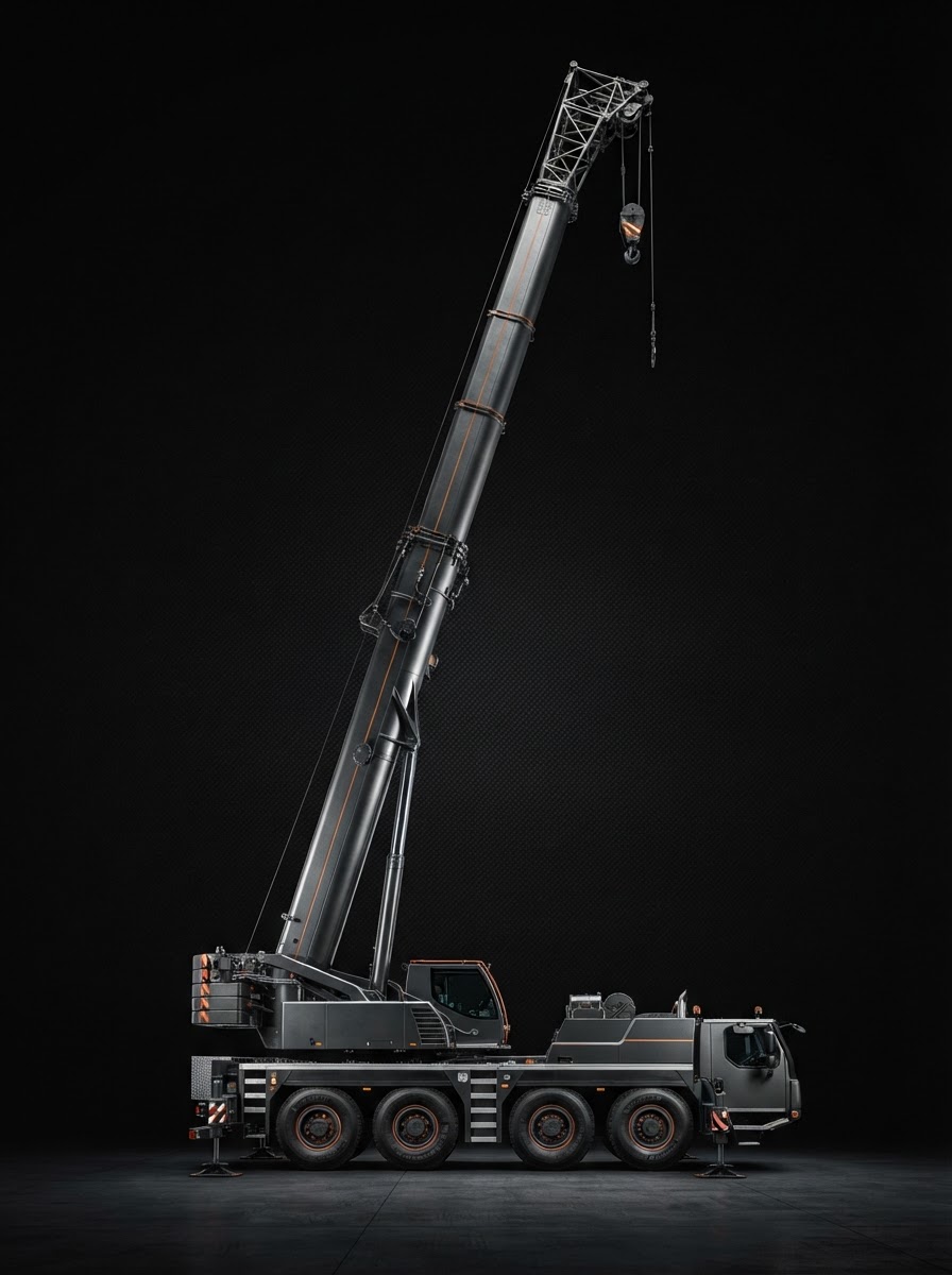Liebherr LTM 1200, 200-ton telescopic mobile crane, profile view on carbon background