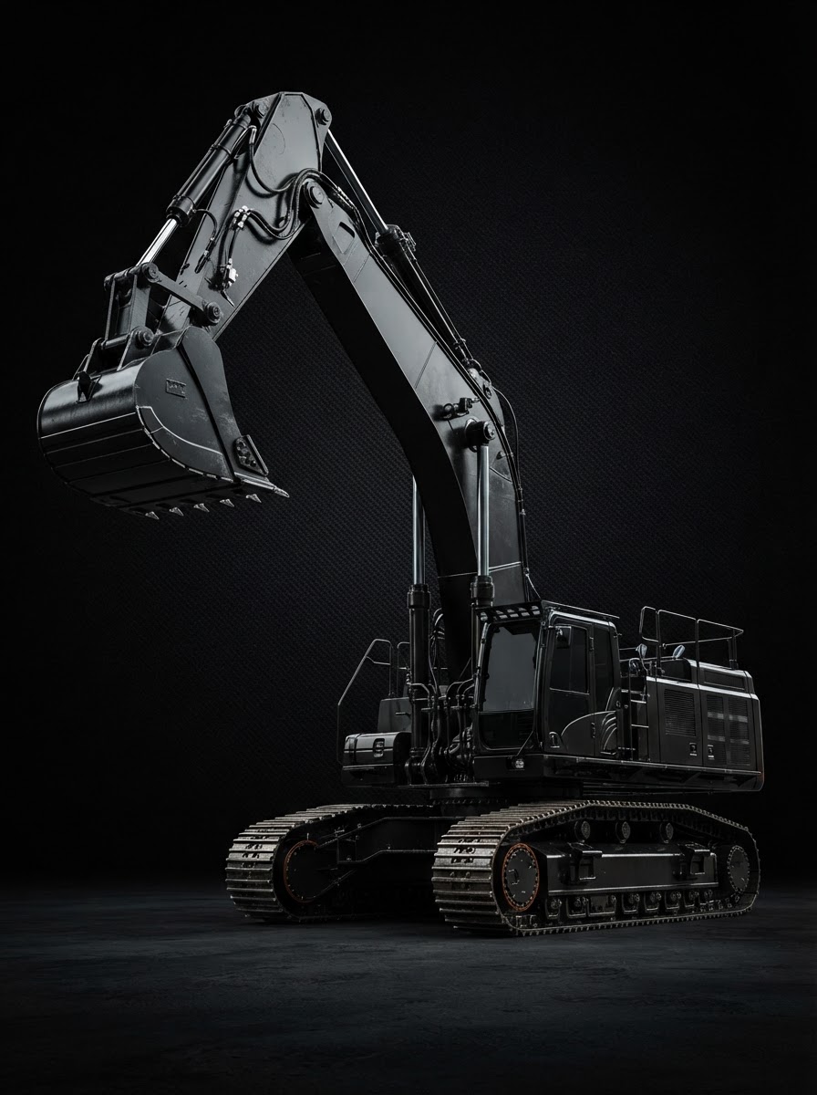 Liebherr R 980 SME, 800-tonne mining excavator, profile view on carbon background