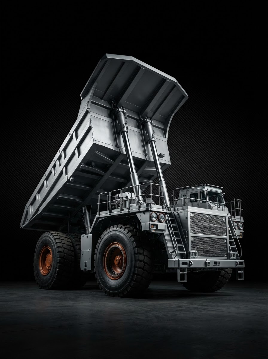 Liebherr T 282 C, 400-tonne mining haul truck, profile view on carbon background