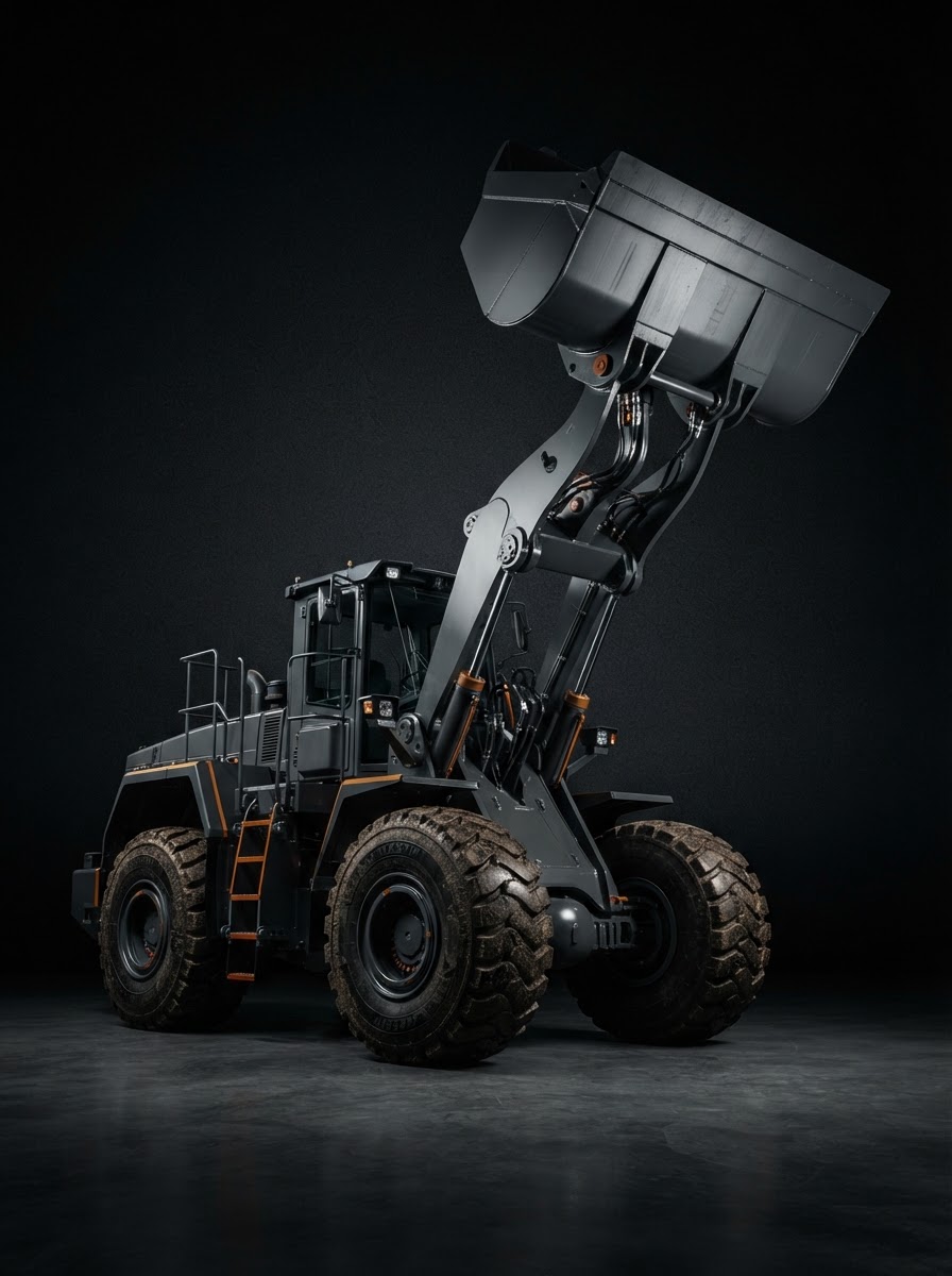 Liebherr L 586, 33-tonne wheel loader, profile view on carbon background